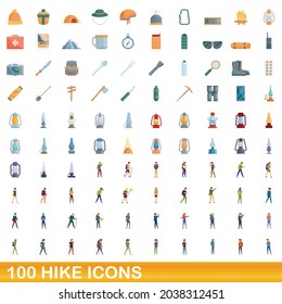 100 hike icons set. Cartoon illustration of 100 hike icons vector set isolated on white background