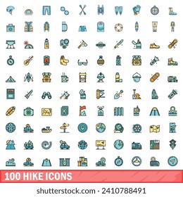 100 hike icons set. Color line set of hike vector icons thin line color flat on white