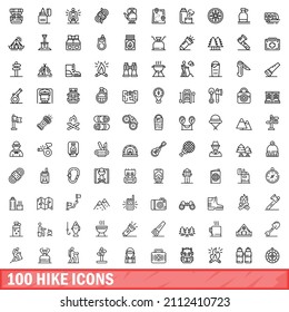 100 íconos de caminata. Ilustración de esquema de 100 iconos de elevación conjunto de vectores aislados en fondo blanco