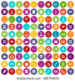 100 hi-school icons set in different colors circle isolated vector illustration
