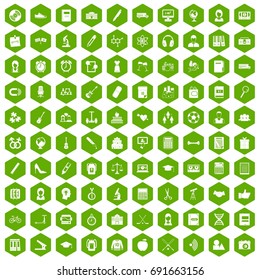 100 hi-school icons set in green hexagon isolated vector illustration
