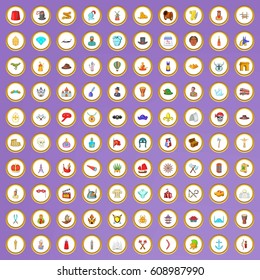 100 history icons set in cartoon style on purple background vector illustration