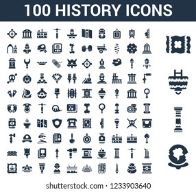 100 History universal icons set with World, Pillars, Cart, Map, Face, Stone, Sword, Old paper, Egypt, Fossil