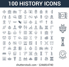 100 History universal linear icons set with World, Pillars, Cart, Map, Face, Stone, Sword, Old paper, Egypt, Fossil