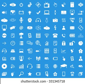 100 Hi-Tech icon set, simple white images on blue background