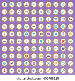 100 hi-tech icons set in cartoon style on purple background vector illustration