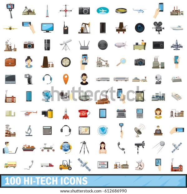 100 hi-tech icons set in cartoon style for\
any design vector\
illustration