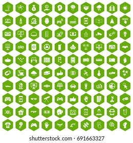100 hi-tech icons set in green hexagon isolated vector illustration
