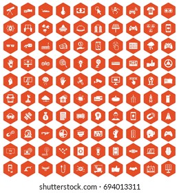 100 hi-tech icons set in orange hexagon isolated vector illustration