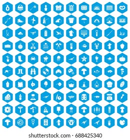 100 hobby icons set in blue hexagon isolated vector illustration