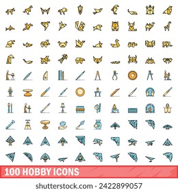 100 hobby icons set. Color line set of hobby vector icons thin line color flat on white