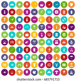 100 hobby icons set in different colors circle isolated vector illustration