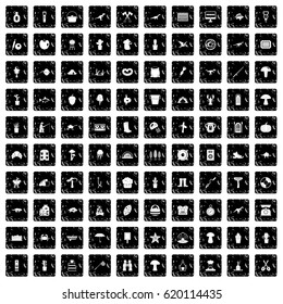 100 hobby icons set in grunge style isolated vector illustration