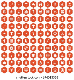 100 hobby icons set in orange hexagon isolated vector illustration