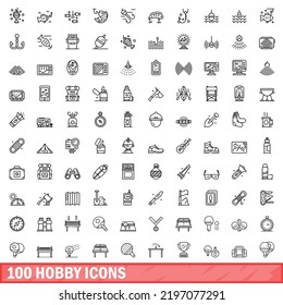 100 Hobbysymbole gesetzt. Outline-Illustration von 100 Hobby-Symbolen, Vektorset einzeln auf weißem Hintergrund