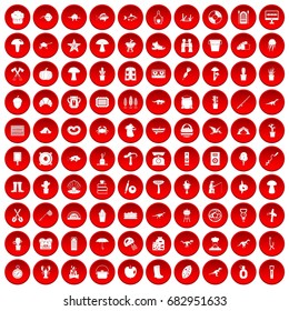 100 hobby icons set in red circle isolated on white vector illustration