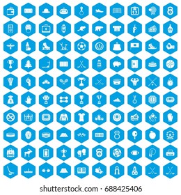100 hockey icons set in blue hexagon isolated vector illustration
