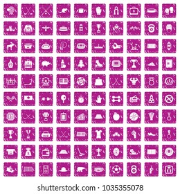 100 hockey icons set in grunge style pink color isolated on white background vector illustration