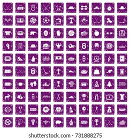 100 hockey icons set in grunge style purple color isolated on white background vector illustration