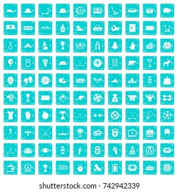 100 hockey icons set in grunge style blue color isolated on white background vector illustration