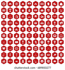 100 hockey icons set in red hexagon isolated vector illustration