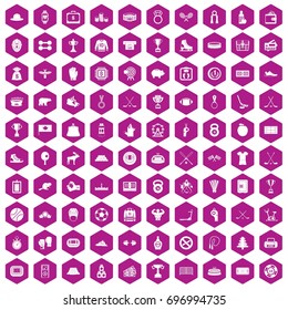 100 hockey icons set in violet hexagon isolated vector illustration