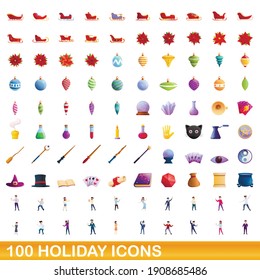 100 holiday icons, set. Cartoon illustration of 100 holiday icons vector set isolated on white background
