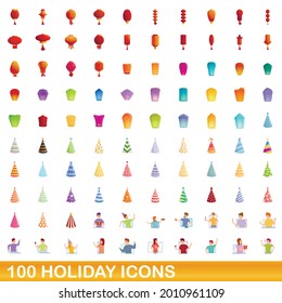 100 holiday icons set. Cartoon illustration of 100 holiday icons vector set isolated on white background