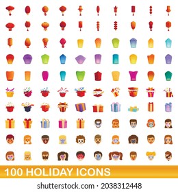 100 holiday icons set. Cartoon illustration of 100 holiday icons vector set isolated on white background