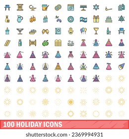 100 holiday icons set. Color line set of holiday vector icons thin line color flat on white