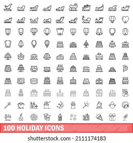 100 holiday icons set. Outline illustration of 100 holiday icons vector set isolated on white background