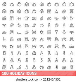 100 holiday icons set. Outline illustration of 100 holiday icons vector set isolated on white background