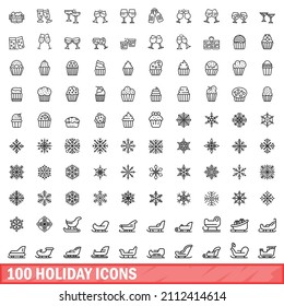 100 holiday icons set. Outline illustration of 100 holiday icons vector set isolated on white background