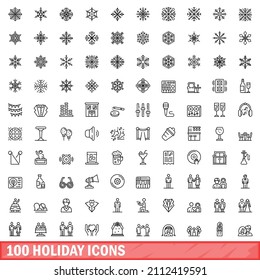 100 holiday icons set. Outline illustration of 100 holiday icons vector set isolated on white background