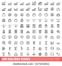100 holiday icons set. Outline illustration of 100 holiday icons vector set isolated on white background