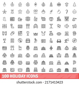 100 holiday icons set. Outline illustration of 100 holiday icons vector set isolated on white background