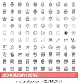 100 holiday icons set. Outline illustration of 100 holiday icons vector set isolated on white background