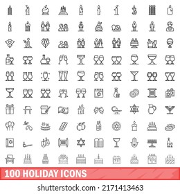 100 holiday icons set. Outline illustration of 100 holiday icons vector set isolated on white background
