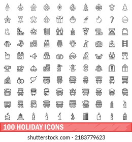 100 holiday icons set. Outline illustration of 100 holiday icons vector set isolated on white background