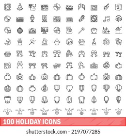 100 holiday icons set. Outline illustration of 100 holiday icons vector set isolated on white background
