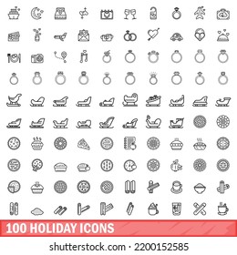 100 holiday icons set. Outline illustration of 100 holiday icons vector set isolated on white background