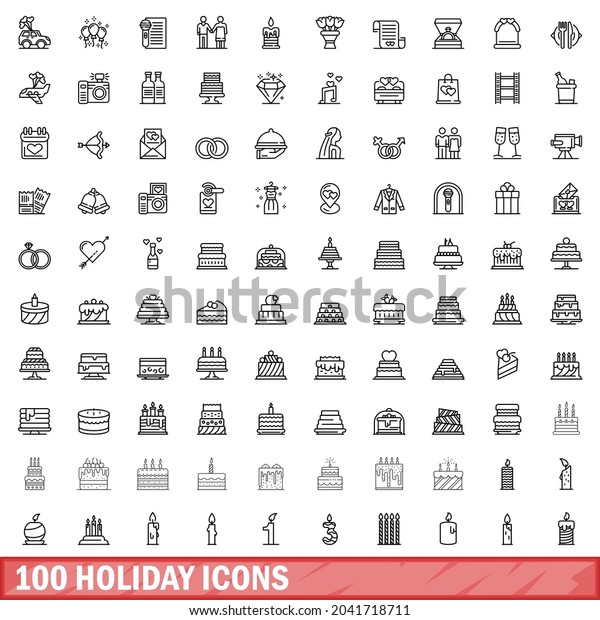 100 holiday icons set.\
Outline illustration of 100 holiday icons vector set isolated on\
white background