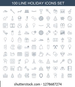 100 holiday icons. Trendy holiday icons white background. Included line icons such as cake, candle heart, heart shaped air balloon, christmas tree. holiday icon for web and mobile.