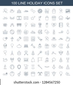100 holiday icons. Trendy holiday icons white background. Included line icons such as socks, baloon, giraffe, gift, candy cane, fireworks, champagne. holiday icon for web and mobile.