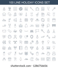 100 holiday icons. Trendy holiday icons white background. Included line icons such as cake, gift, love letter, pine tree, socks, slippers, heart shaped air balloon. holiday icon for web and mobile.