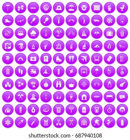 100 holidays family icons set in purple circle isolated vector illustration