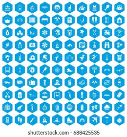 100 holidays family icons set in blue hexagon isolated vector illustration