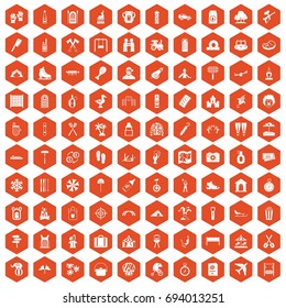 100 holidays family icons set in orange hexagon isolated vector illustration