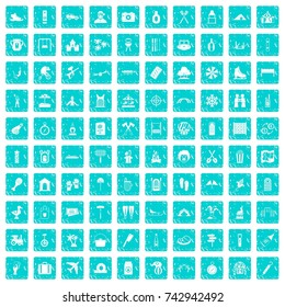 100 holidays family icons set in grunge style blue color isolated on white background vector illustration