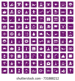 100 holidays icons set in grunge style purple color isolated on white background vector illustration